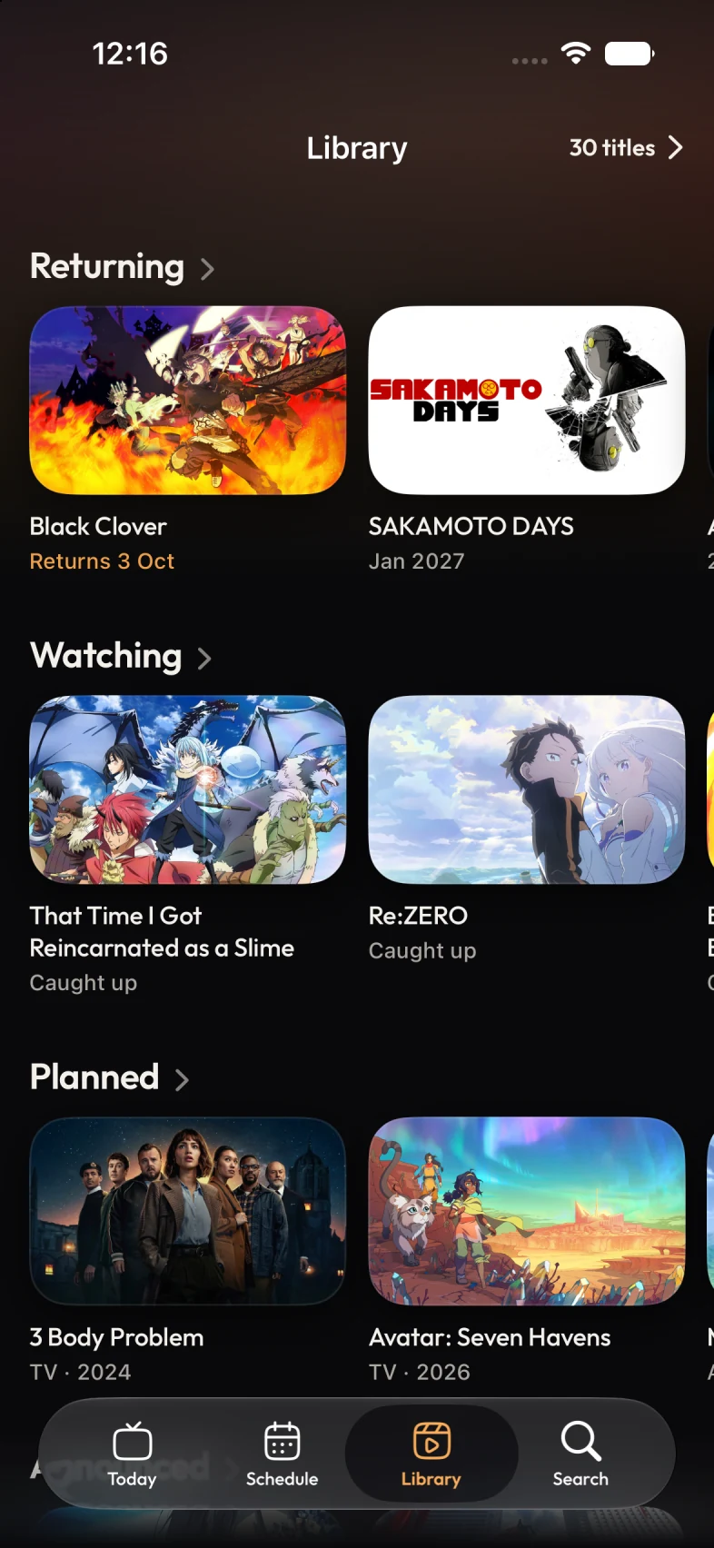 Previously on iPhone, with your Returning, Watching and Planned shows together in the Library.