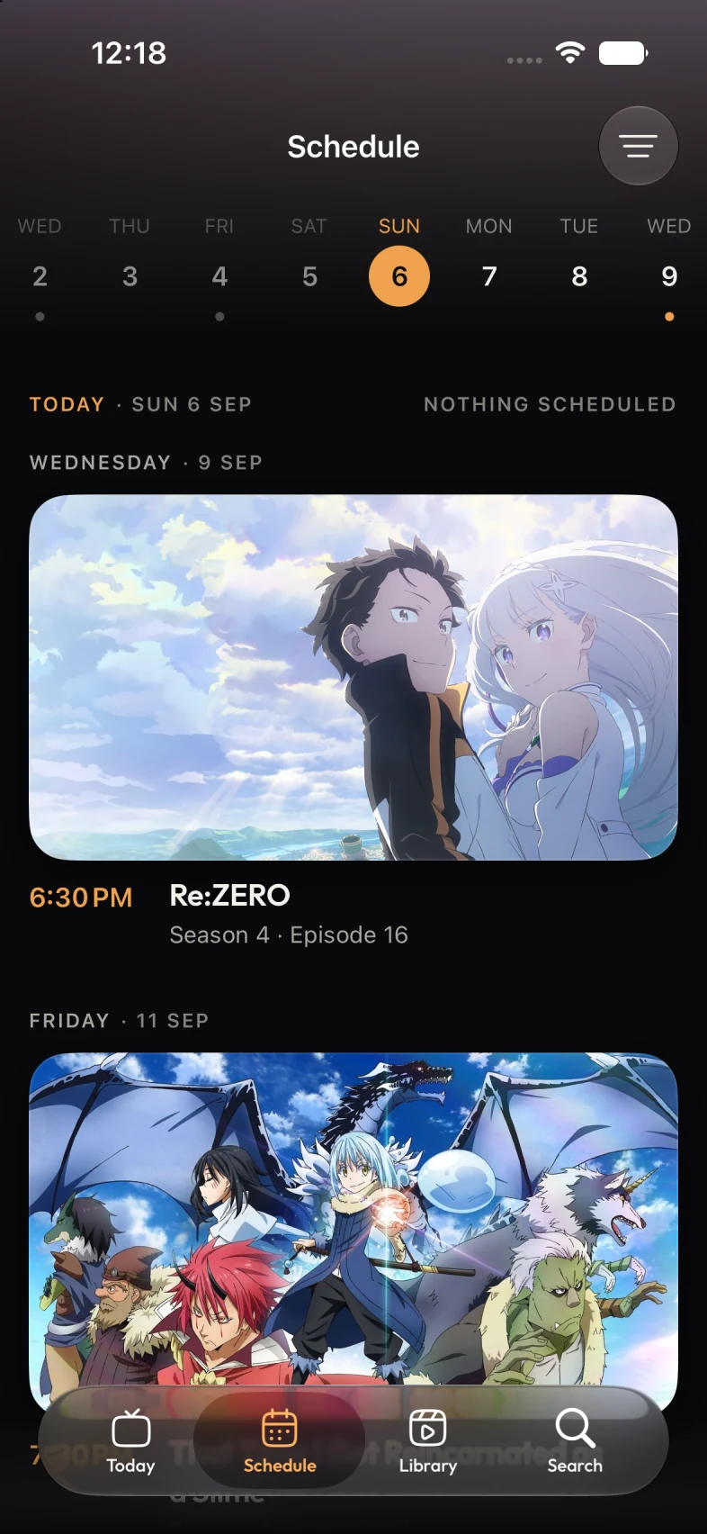 Previously Schedule on iPhone: a day picker and dated episode cards, including the next Re:ZERO episode.
