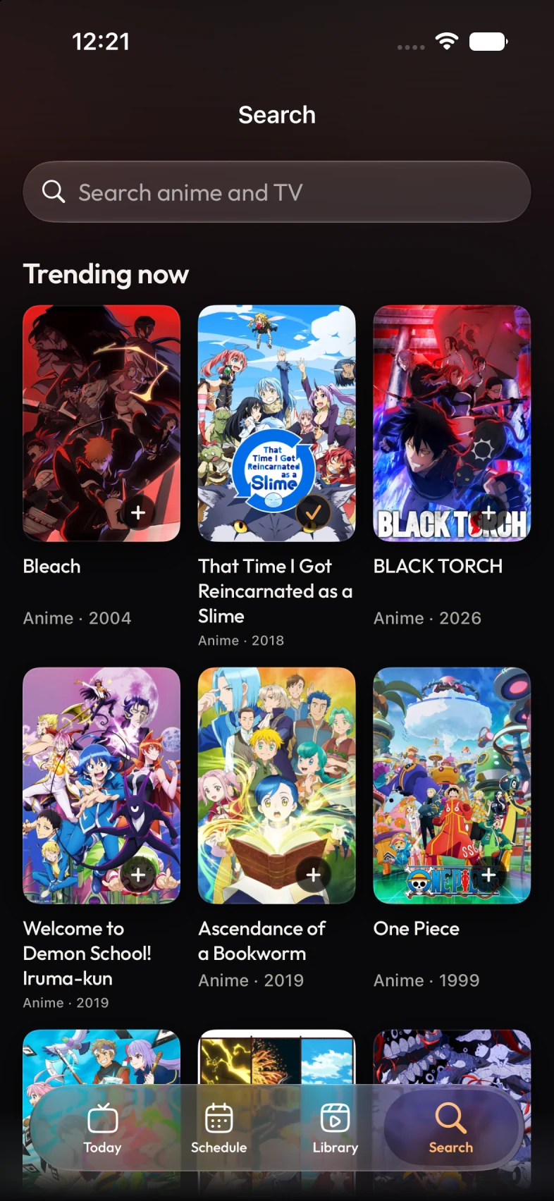 Previously Search on iPhone: Search anime and TV, a Trending now poster grid and add or saved controls for each show.